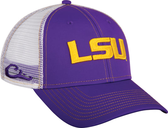 LSU Mesh Back Cap with yellow embroidered logo, featuring semi-structured purple front panels, white mesh back, and adjustable snap back closure for a perfect fit.