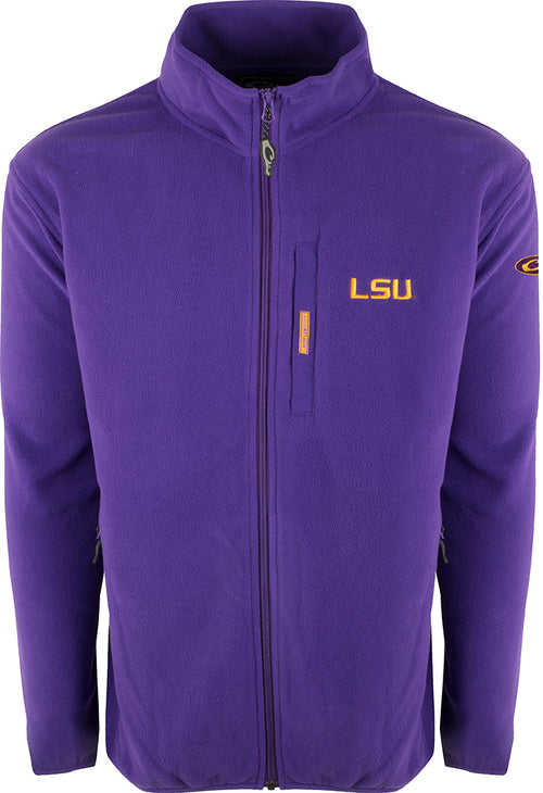 LSU Full Zip Camp Fleece, a midweight purple jacket with a yellow embroidered logo on the right chest. Made of 100% polyester micro-fleece with anti-pill finish and moisture-wicking properties. Perfect for cool fall days.
