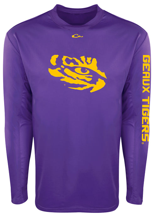 LSU L/S Performance Shirt: A long-sleeved active shirt with a tiger face design. Provides sun protection and comfort with breathable mesh panels.