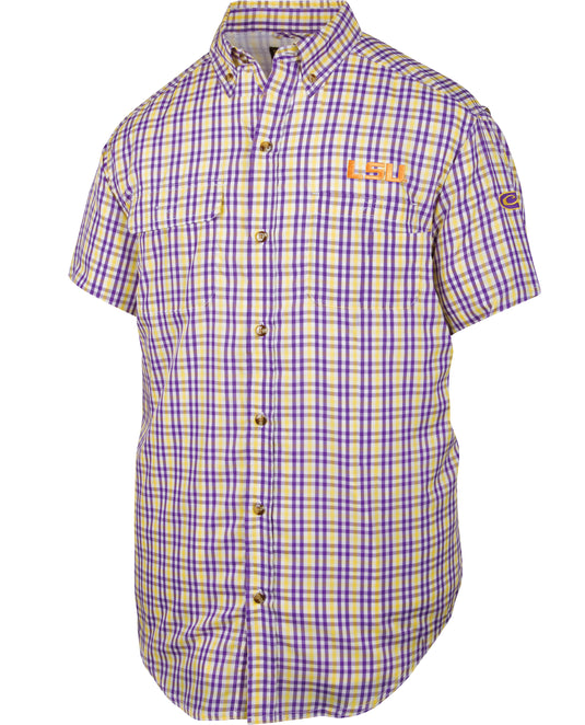 LSU Gingham Plaid Wingshooter's Shirt S/S - Lightweight shirt with vented mesh back for air circulation and large chest pocket. Perfect for game day.