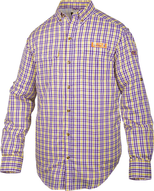 LSU Gingham Plaid Wingshooter's Shirt L/S - A long-sleeved shirt with a plaid design, perfect for cool Fall mornings or football games. Features vented mesh back, large chest pockets, and quick-drying fabric.