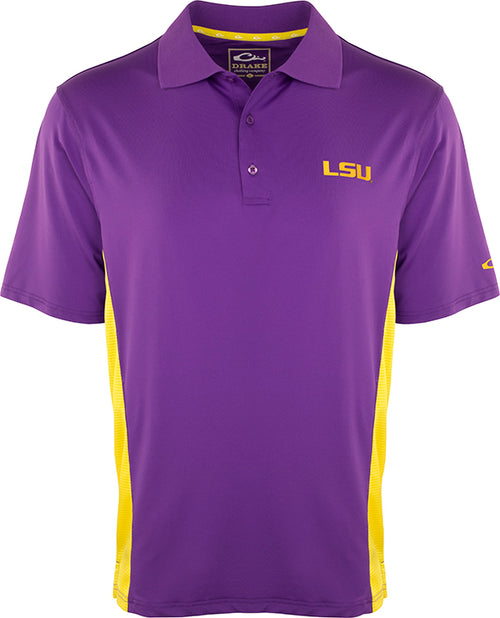 LSU Performance Polo with Mesh Sides - A moisture-wicking, breathable polo shirt for active Tigers fans. Features mesh side panels for added ventilation. Official LSU logo on left chest.