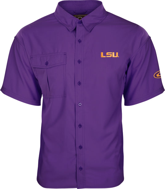 LSU Flyweight™ Shirt S/S: A lightweight, breathable purple shirt with orange letters. Quick-drying, moisture-wicking fabric with UPF 50+ sun protection. Vented mesh back and vertical chest pockets. Perfect for warm-weather outdoor activities.