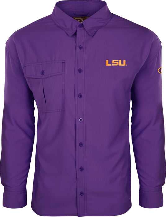 LSU Flyweight™ Shirt L/S: A lightweight, breathable purple shirt with long sleeves. Made of 100% polyester Flyweight™ fabric for quick drying and moisture-wicking. Features include UPF 50+ sun protection, vented mesh back, and vertical chest pockets. Ideal for warm-weather outdoor activities.