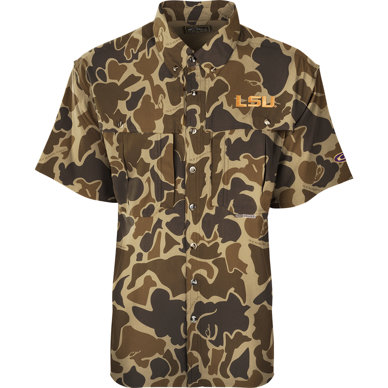 LSU S/S Flyweight Wingshooter: A lightweight, breathable camouflage shirt with a logo, vented back, and multiple pockets for outdoor activities.