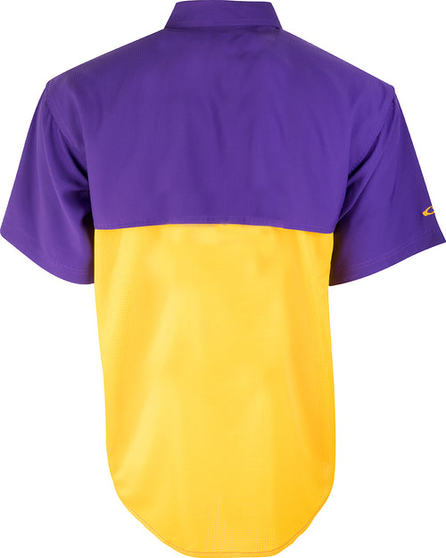 LSU S/S Mesh Back Flyweight Shirt, a lightweight and breathable active shirt made of 100% polyester. Quick-drying and moisture-wicking, with a vented mesh back and chest pockets. Perfect for warm-weather outdoor activities.