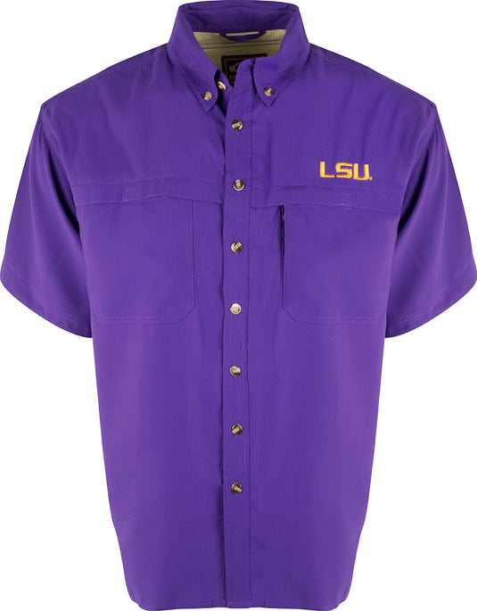 LSU S/S Mesh Back Flyweight Shirt, a purple button-up shirt with short sleeves. Made of ultra-lightweight polyester, it offers quick-drying, moisture-wicking, and breathable properties. Features vented mesh back and horizontal chest pockets with velcro closures. Perfect for warm-weather outdoor activities.