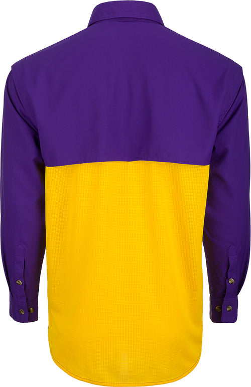 LSU L/S Mesh Back Flyweight Shirt, a lightweight and breathable top for warm-weather outdoor activities. Quick-drying, moisture-wicking, and vented mesh back for comfort. Horizontal chest pockets with velcro closures.