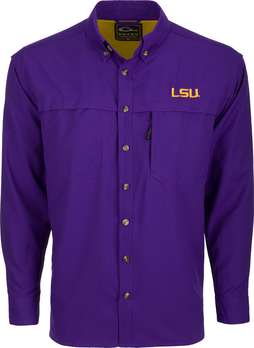 A lightweight, moisture-wicking LSU L/S Mesh Back Flyweight Shirt with logo on left chest. Quick-drying, breathable, and vented for warm-weather outdoor activities. Horizontal chest pockets with velcro closures.