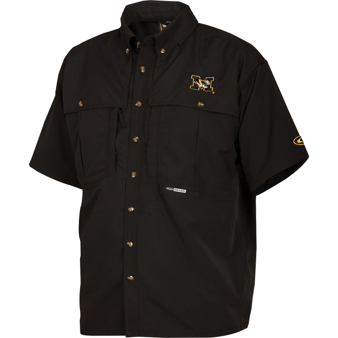 Missouri Wingshooter's Shirt S/S: Breathable, quick-drying black shirt with University of Missouri logo. Features front and back ventilation, stand-up collar for sun protection, and multiple chest pockets. Ideal for outdoor activities or casual office wear.