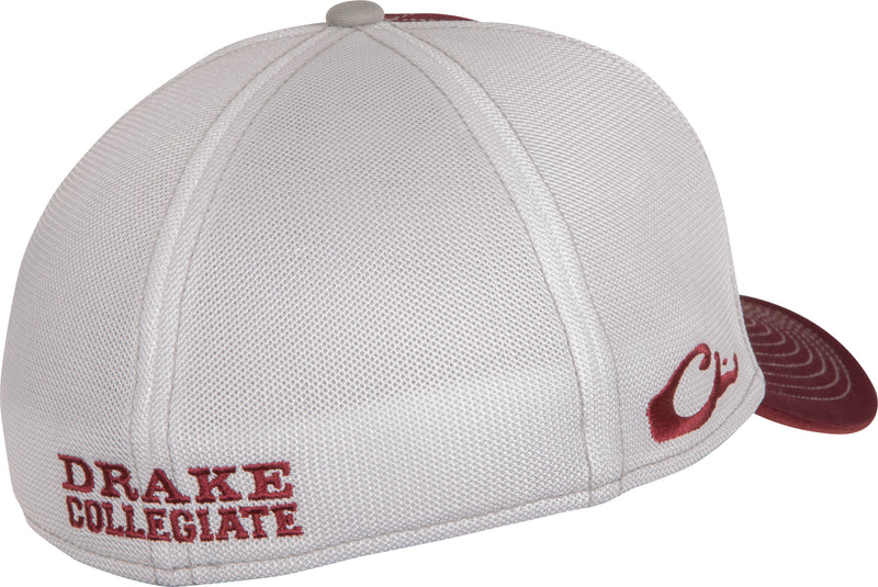 A white baseball cap with a red team logo on the front. Stretch-fit design with breathable mesh back. Available in two sizes: M/L and XL/2X. Made of cotton stretch-fit material.