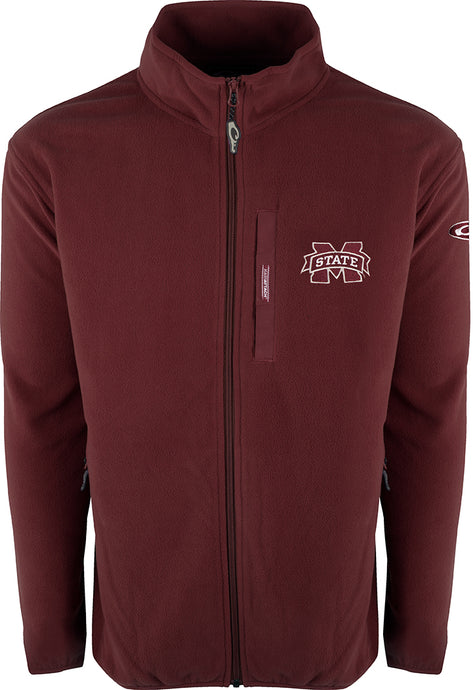 A maroon Full Zip Camp Fleece jacket with an embroidered Mississippi State logo on the right chest. Perfect for cool fall days, this midweight layering garment features an anti-pill finish and moisture-wicking properties. Made of 100% polyester micro-fleece.