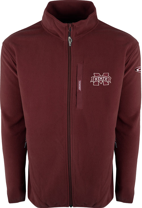 A maroon Full Zip Camp Fleece jacket with an embroidered Mississippi State logo on the right chest. Perfect for cool fall days, this midweight layering garment features an anti-pill finish and moisture-wicking properties. Made of 100% polyester micro-fleece.