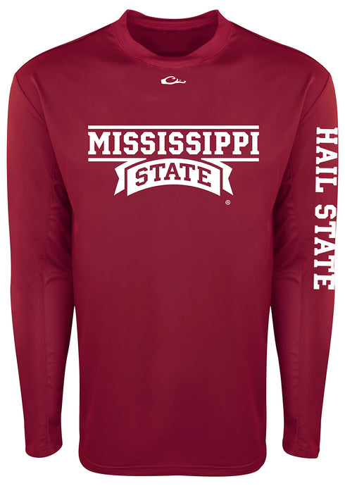 Mississippi State L/S Performance Shirt: A red shirt with white text and logo. Designed for all-day sun protection and comfort, with breathable mesh on the back and underarms. Shield 4™ technology guarantees all-around protection from the elements.