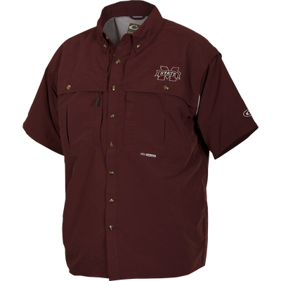 A breathable, quick-drying Mississippi State Wingshooter's Shirt with front and back ventilation. Features oversized chest pockets, Magnattach™ pocket, and zippered pocket.