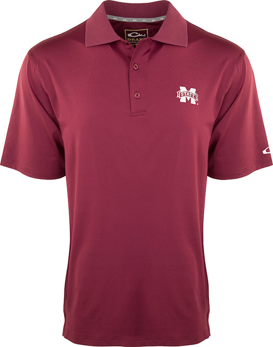 A maroon polo shirt with the official Mississippi State logo on the left chest. Made of 92% polyester and 8% spandex for four-way stretch, quick-drying, moisture-wicking, and breathability. Perfect for the big game or a round of golf.