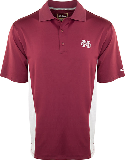 A maroon and white polo shirt with mesh side panels, featuring the official Miss. State logo on the left chest. Made with moisture-wicking fabric and four-way stretch for optimal comfort. Perfect for active Razorback fans.