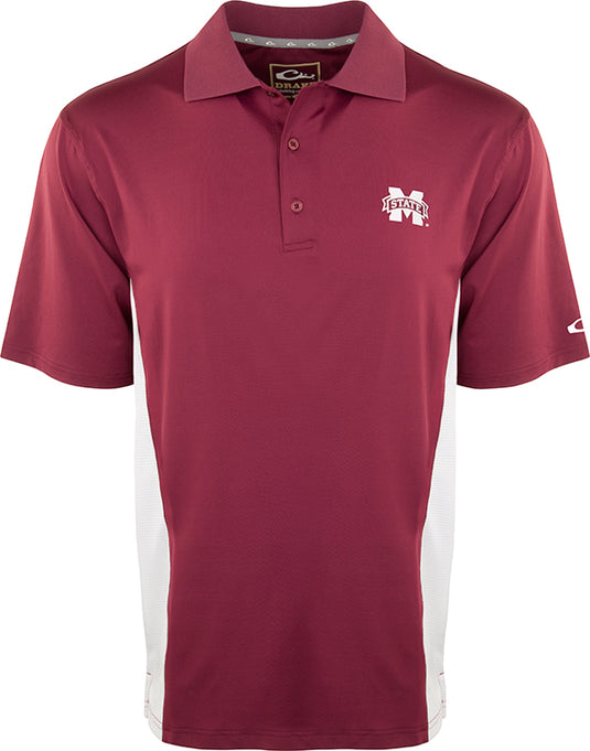 A maroon and white polo shirt with mesh side panels, featuring the official Miss. State logo on the left chest. Made with moisture-wicking fabric and four-way stretch for optimal comfort. Perfect for active Razorback fans.
