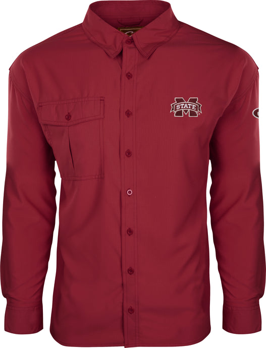 Mississippi State L/S Flyweight™ Shirt: Lightweight, breathable red shirt with button-up design. Features Sol-Shield™ UPF 50+ sun protection, vented mesh back, and vertical chest pockets. Perfect for warm-weather outdoor activities.