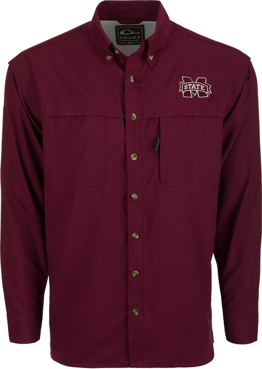 A maroon long-sleeved shirt with collar and buttons. Made of ultra-lightweight polyester, it dries quickly and wicks moisture away. Features vented mesh back and chest pockets with velcro closures. Perfect for warm-weather outdoor activities. Mississippi State logo embroidered on left chest.