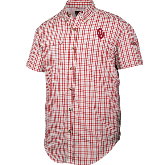 Oklahoma Gingham Plaid Wingshooter's Shirt S/S: Lightweight shirt with classic plaid pattern, vented mesh back, and large chest pocket.