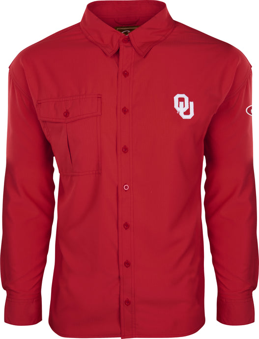 Oklahoma L/S Flyweight Shirt: A lightweight, breathable red button-up shirt made of 100% polyester fabric. Features include quick drying, moisture-wicking, and UPF 50+ sun protection. Vented mesh back and vertical chest pockets. Ideal for warm-weather outdoor activities.