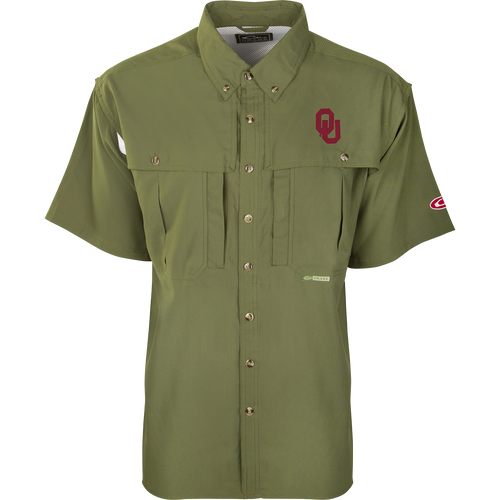 Oklahoma S/S Flyweight Wingshooter shirt with vented back, Magnattach™ vertical chest pocket, and vertical zipper pocket, designed for warm-weather outdoor activities.