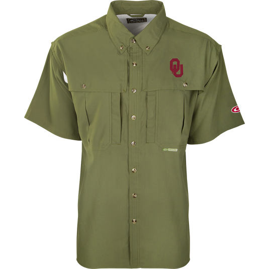 Oklahoma S/S Flyweight Wingshooter shirt with vented back, Magnattach™ vertical chest pocket, and vertical zipper pocket, designed for warm-weather outdoor activities.