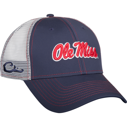 Ole Miss Mesh Back Cap with navy front and red stitching, featuring mesh back, embroidered logo, and adjustable snap closure. Perfect for casual or hunting wear.