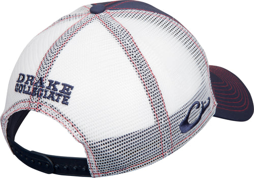 Ole Miss Mesh Back Cap with white mesh crown, red stitching, and navy brim, featuring adjustable snapback and raised team logo embroidery on the front.