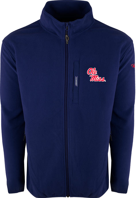 Ole Miss Full Zip Camp Fleece: A blue jacket with an Ole Miss logo on the right chest. Midweight layering garment made of 100% polyester micro-fleece. Anti-pill finish for longer fabric life. Perfect for cool fall days.