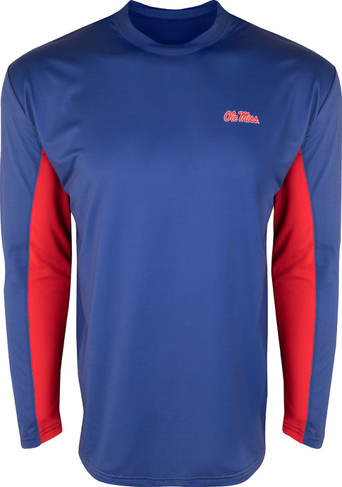Ole Miss L/S Performance Crew: A long-sleeved shirt with optimal sun protection and breathable mesh on the back and underarms. Built for all-day comfort and engineered with Shield 4™ technology for all-around protection.