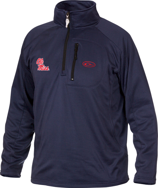 A blue Ole Miss Breathelite 1/4 Zip jacket with a zipper and logo embroidery on the right chest. Made of 100% polyester with 4-way stretch and square check fleece backing. Features a vertical front chest zippered pocket. Ideal for active outdoorsmen in cool weather.