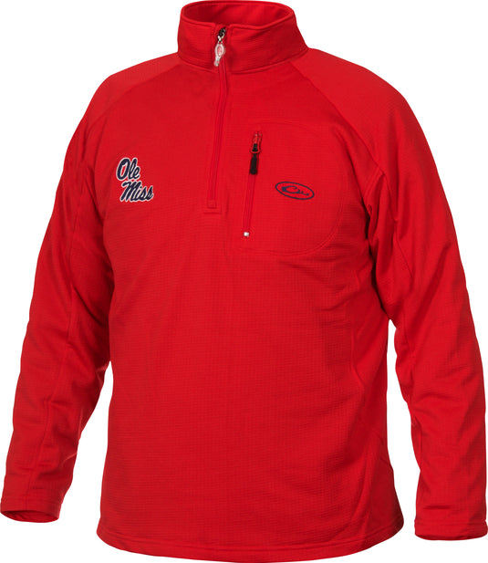 A red jacket with a zipper featuring the Ole Miss logo embroidery on the right chest. Ideal for active outdoorsmen, this ultralight, moisture-managing pullover provides insulation. Made of 100% polyester with 4-way stretch and square check fleece backing. Includes a vertical front chest zippered pocket.