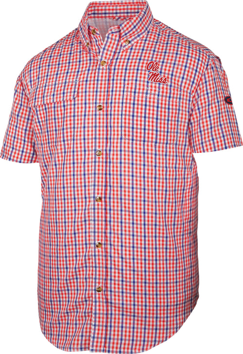Ole Miss Gingham Plaid Wingshooter's Shirt S/S: Lightweight shirt with vented mesh back for air circulation and large chest pocket. Perfect for game day.