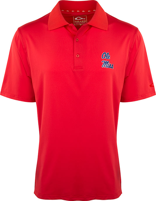 A red shirt with a logo on the left chest, featuring the official Ole Miss logo. Made of 92% polyester and 8% spandex, this moisture-wicking, breathable polo offers four-way stretch and quick-drying properties. Perfect for the big game or a round of golf, it keeps you stylish and comfortable.