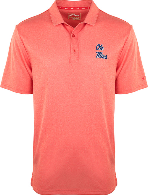A red shirt with a logo on the left chest, featuring the official Ole Miss logo. Made of 100% polyester with a vintage heather finish. Four-way stretch, quick-drying, moisture-wicking, and breathable. Perfect for Land sharks fans.