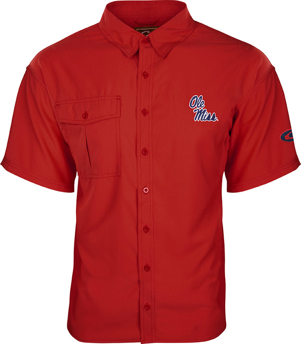 A red Ole Miss S/S Flyweight™ Shirt with a logo on it. Made of 100% polyester Flyweight™ fabric for quick drying and breathability. Features include UPF 50+ sun protection, vented mesh back, and vertical chest pockets. Perfect for warm-weather outdoor activities.