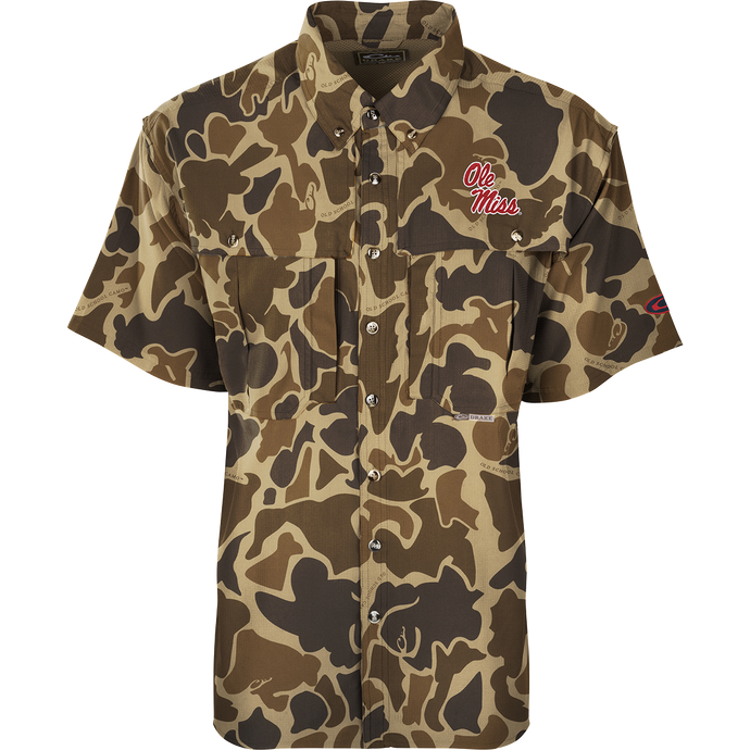 Ole Miss S/S Flyweight Wingshooter: A lightweight, breathable camouflage shirt with a logo. Quick-drying, moisture-wicking, and UPF 50+ sun protection. Magnattach™ chest pocket and vertical zipper pocket. Ideal for warm-weather outdoor activities.