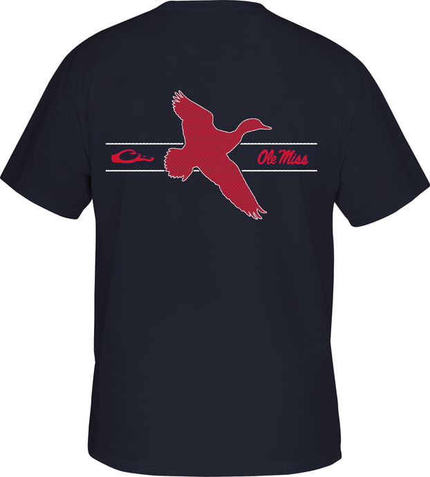 Ole Miss Drake & School Logo T-Shirt: Back artwork features a flying duck with Drake and Ole Miss logos. Front left chest has Drake logo with Ole Miss logo above. Tagless neck label for comfort.