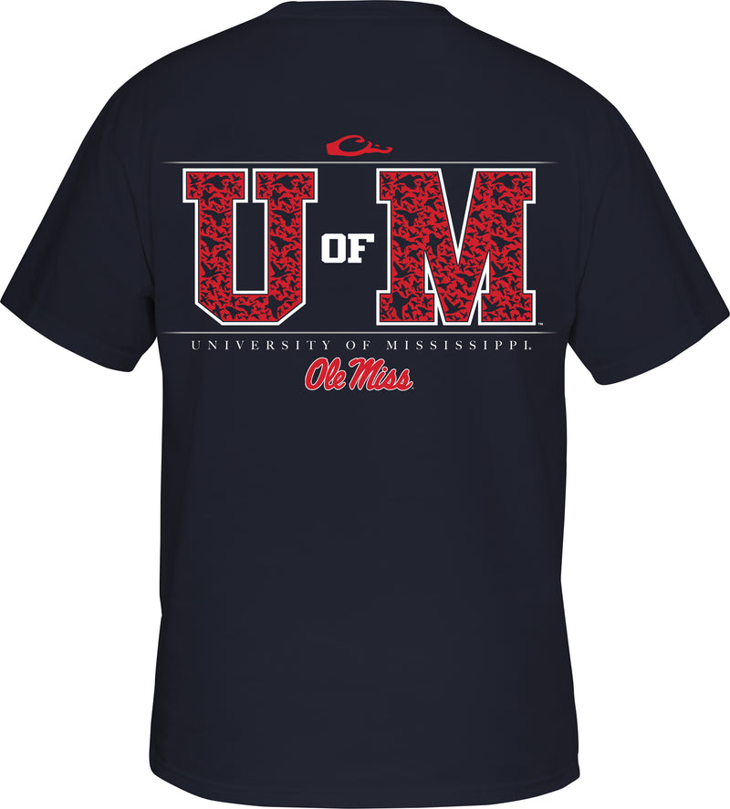 Ole Miss Block Letter Logo T-Shirt: Back of a t-shirt with ducks flying through the U of M letters. Drake logo on front left chest.