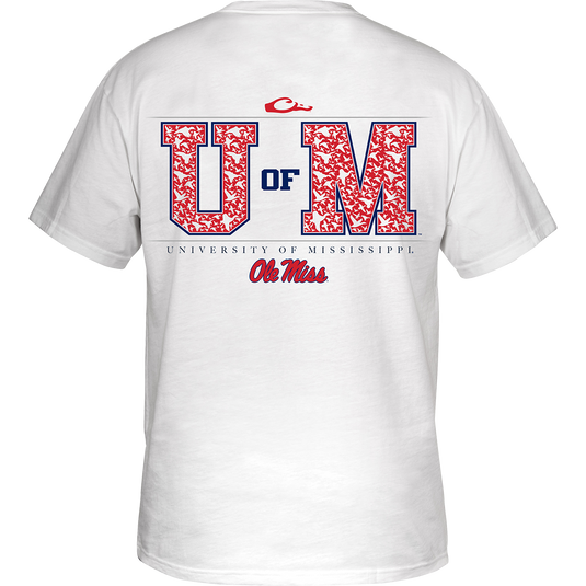 Back of a white Ole Miss Block Letter Logo T-Shirt with ducks flying through the letters. Drake logo on the front left chest.