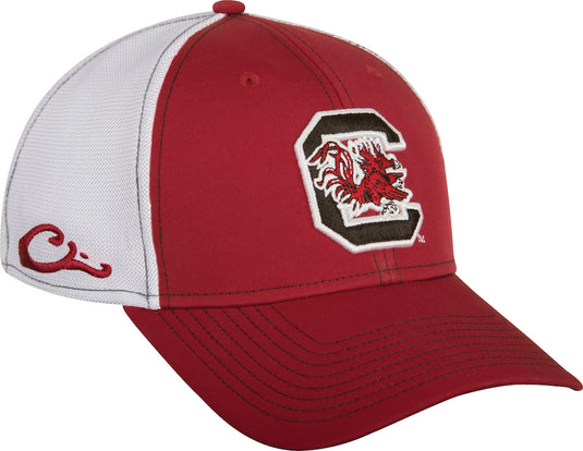 South Carolina Stretch Fit Cap: A red and white hat with a logo, featuring a raised team logo embroidery on the front. Made of cool, breathable cotton stretch-fit material. Available in M/L and XL/2X sizes.