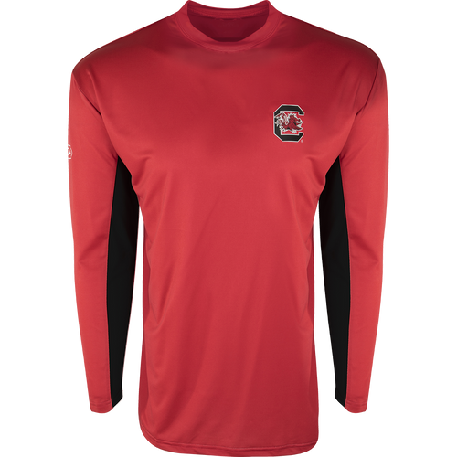 A South Carolina L/S Performance Crew shirt with a logo, designed for all-day sun protection and comfort. Breathable mesh on the back and underarms keeps you cool. Made with 92% polyester / 8% spandex blended fabric and 100% polyester mesh fabric. Features Shield 4™ technology for all-around protection from the elements.