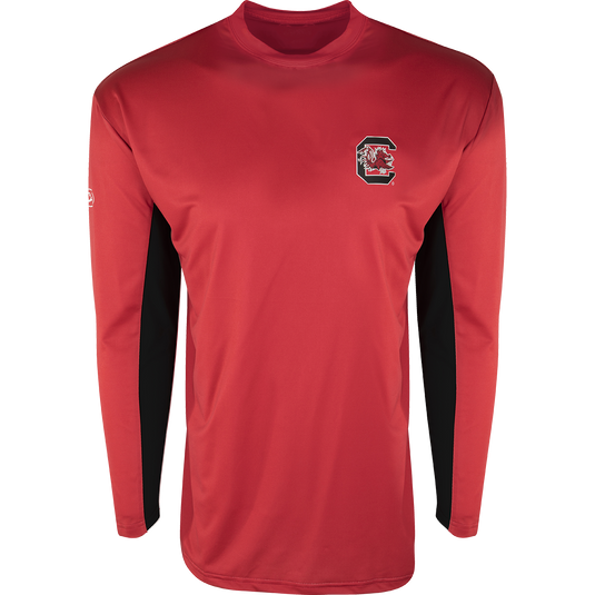 A South Carolina L/S Performance Crew shirt with a logo, designed for all-day sun protection and comfort. Breathable mesh on the back and underarms keeps you cool. Made with 92% polyester / 8% spandex blended fabric and 100% polyester mesh fabric. Features Shield 4™ technology for all-around protection from the elements.