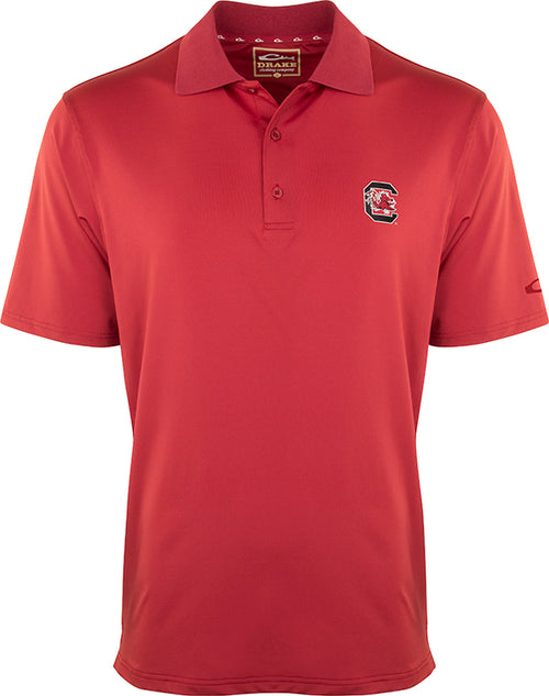 A red South Carolina Performance Stretch Polo with the official Alabama logo on the left chest. This ultra-lightweight, moisture-wicking polo is perfect for the big game or a round of golf. Made of 92% polyester and 8% spandex, it offers four-way stretch, quick-drying, and breathability. Final Sale item from Drake Waterfowl.