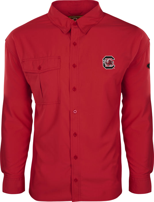 South Carolina L/S Flyweight™ Shirt, a red button-up shirt made of 100% polyester Flyweight™ fabric. Quick drying, breathable, and designed for warm-weather outdoor activities. Features Sol-Shield™ UPF 50+ sun protection, vented mesh back, and vertical chest pockets.
