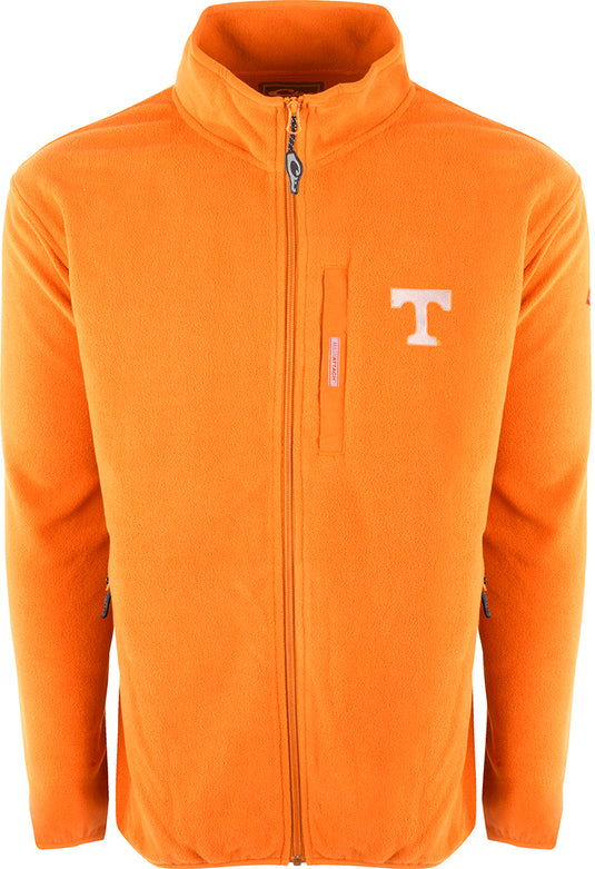 Tennessee Full Zip Camp Fleece jacket with embroidered logo. Midweight layering garment for cool fall days. Anti-pill finish, moisture-wicking.