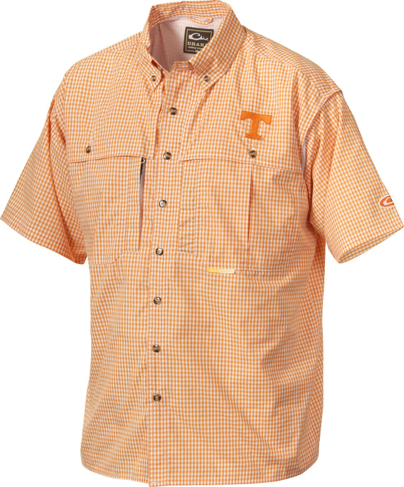 Tennessee Plaid Wingshooter's Shirt Short Sleeve with University of Tennessee logo embroidered on left chest. Breathable, cool, and quick-drying shirt with front and back ventilation for warm weather. Perfect for outdoor activities or casual office days.