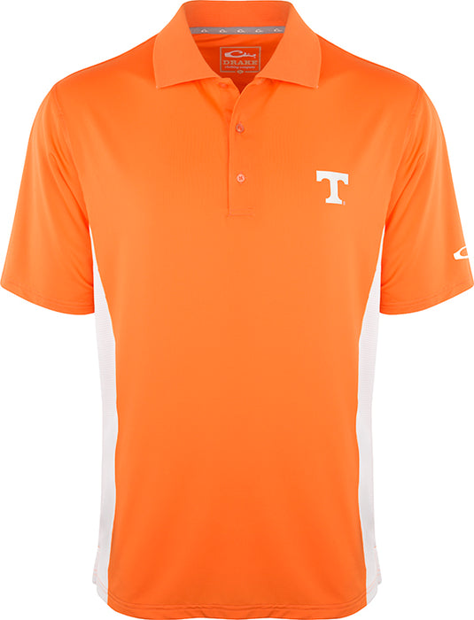 Tennessee Performance Polo with Mesh Sides, an orange shirt with a white logo, perfect for active Vols fans. Moisture-wicking fabric and breathable mesh panels keep you cool.